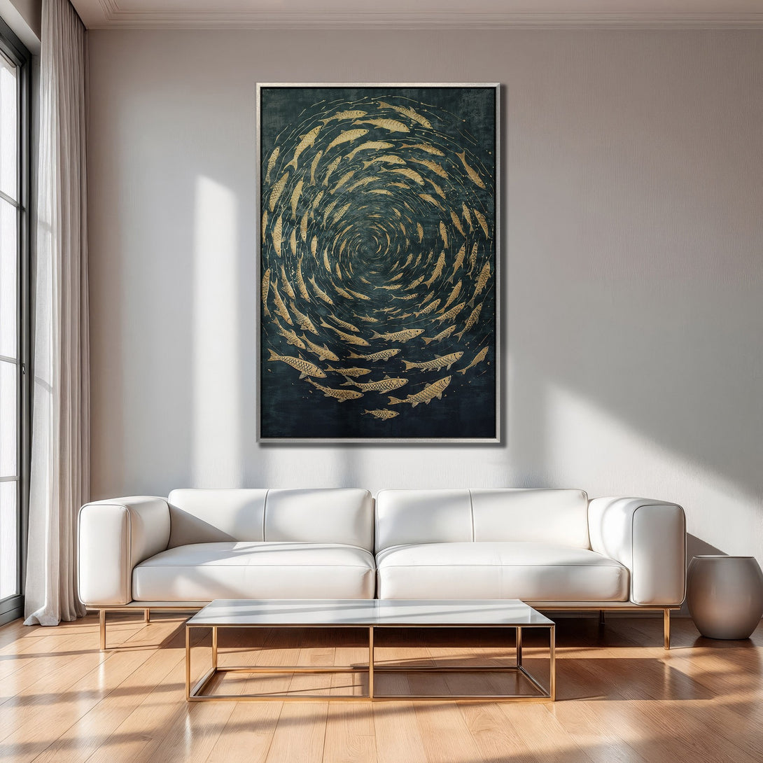 Framed Wall Art: Gold fish swirl on dark teal canvas. Modern art print with gold and teal color palette, perfect for living room decor.