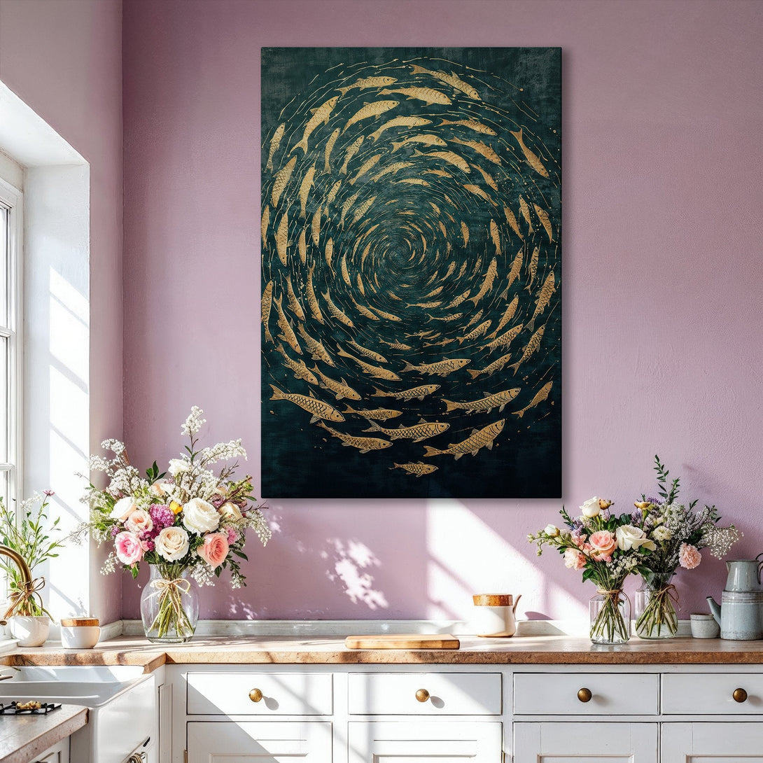 Framed Wall Art: Gold fish art print in a modern living room. Features a dark teal and gold color palette, creating a sophisticated and artistic ambiance.