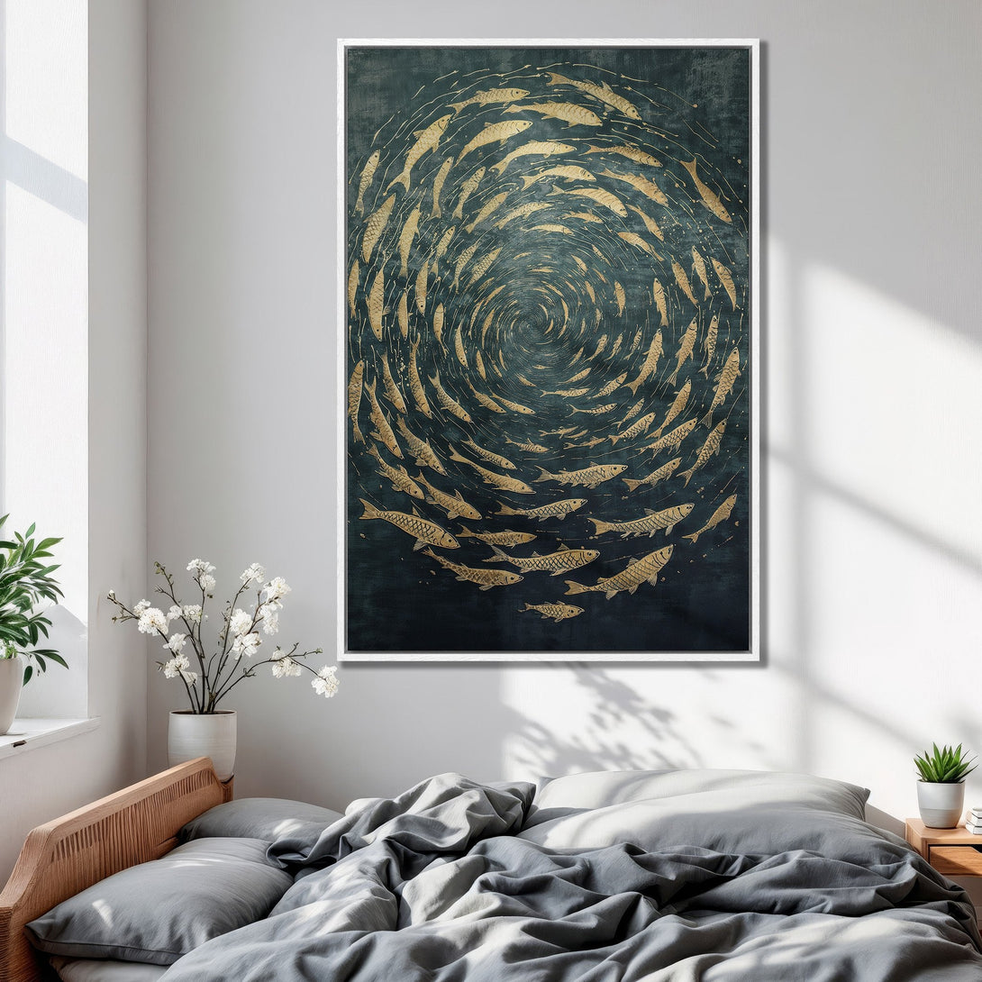 Framed Wall Art featuring a swirling school of gold fish on a dark teal background. Modern, elegant artwork for your bedroom.