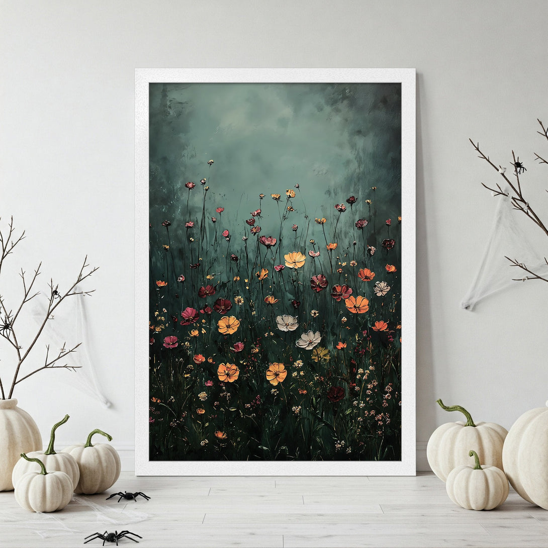 Framed Poster featuring a floral painting with a dark teal background and colorful flowers. Perfect wall art for your home!