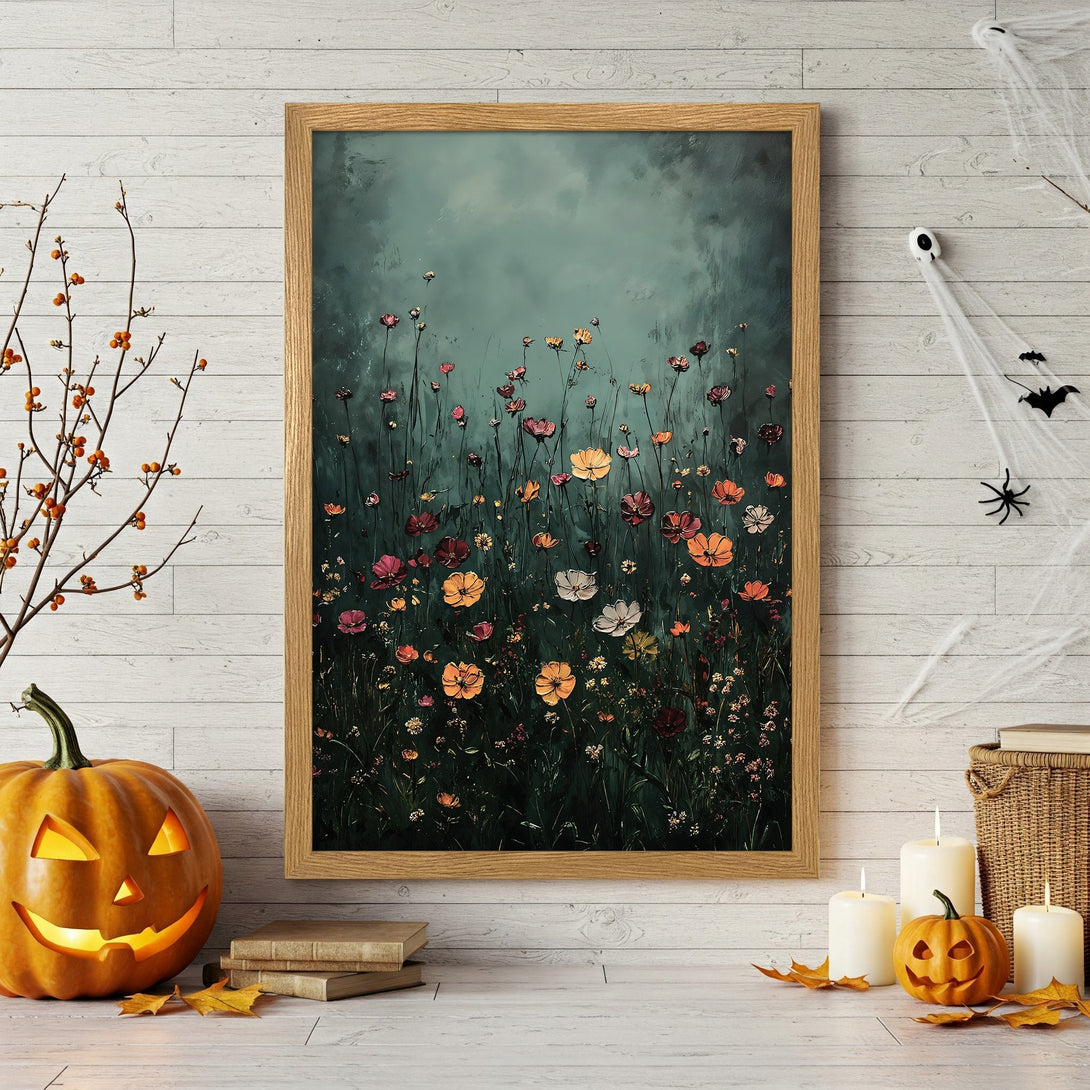 Framed Poster of wildflowers in a moody, painterly style. Features a dark green and orange color palette. Perfect for autumn decor.