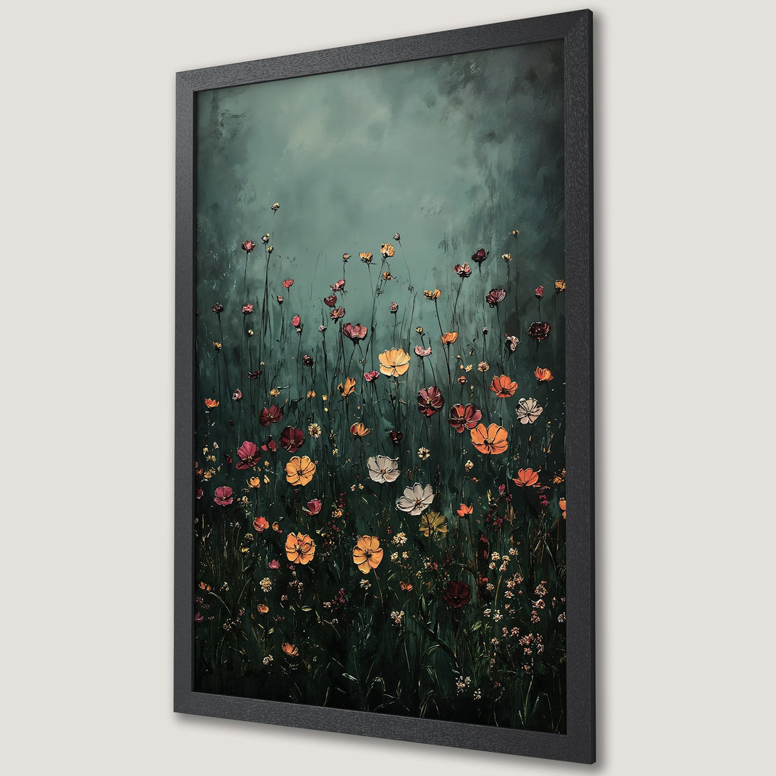 Framed Poster featuring vibrant floral artwork in a painterly style, with a moody green and warm color palette. Perfect wall art!