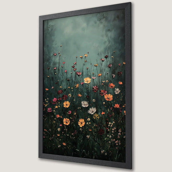 Framed Poster featuring vibrant floral artwork in a painterly style, with a moody green and warm color palette. Perfect wall art!