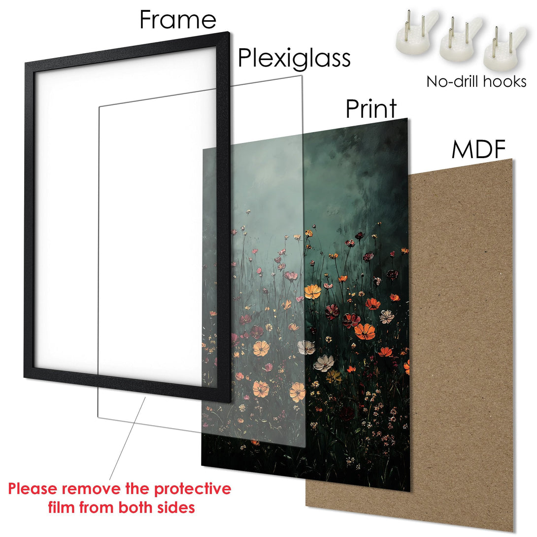 Framed Poster featuring a floral meadow artwork. Artistic style with a dark, moody color palette of greens, oranges, and reds. Add art to your home!