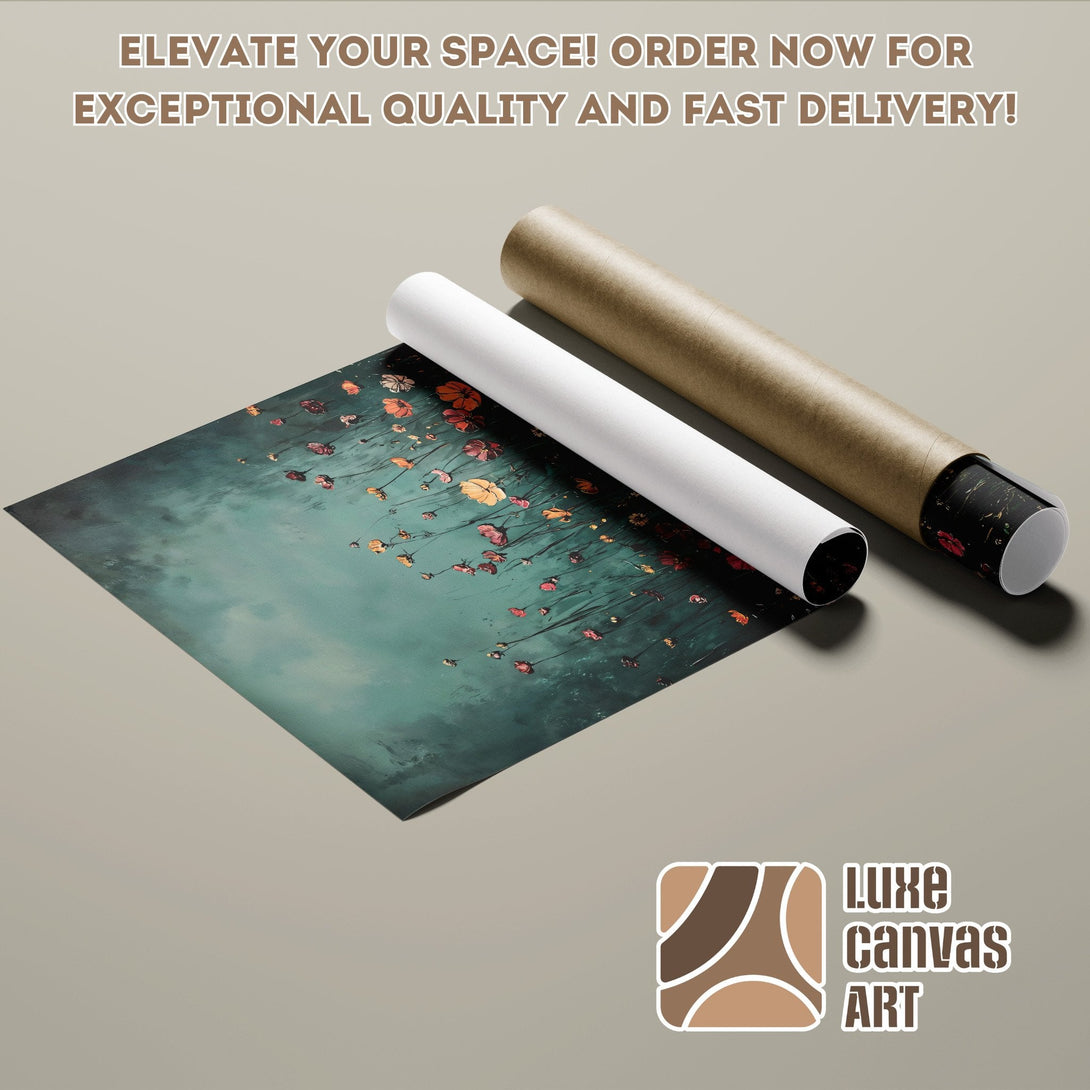 Floral art Poster Roll in teal and orange tones, perfect for home decor.