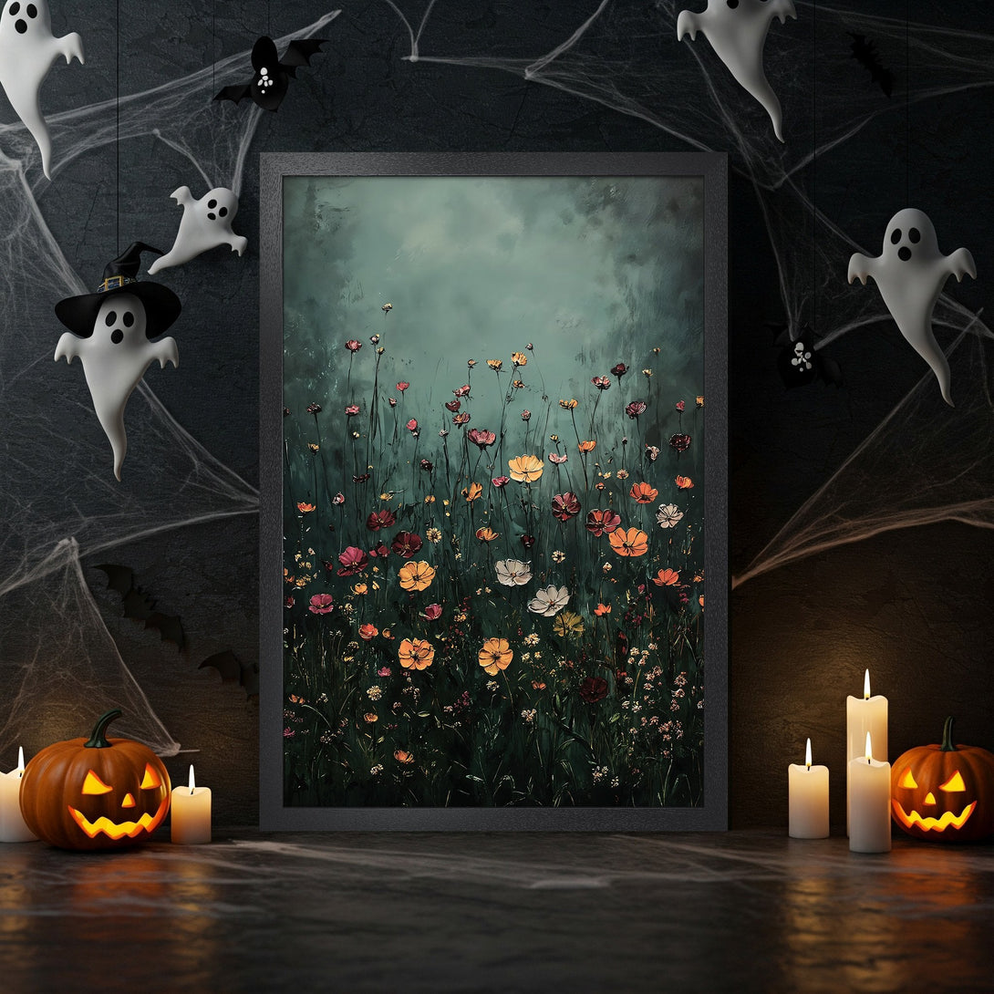 Framed Poster featuring a floral artwork in a moody, teal and orange color palette. Perfect for Halloween decor!