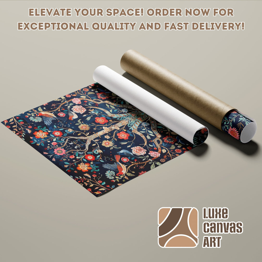 Poster Roll featuring floral design, dark blue background, and vibrant colors.