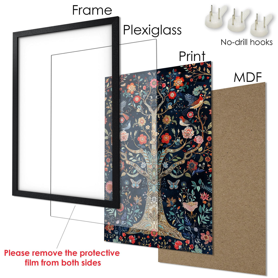 Framed Poster featuring a floral tree design in a dark, rich color palette. Perfect wall art for any space.