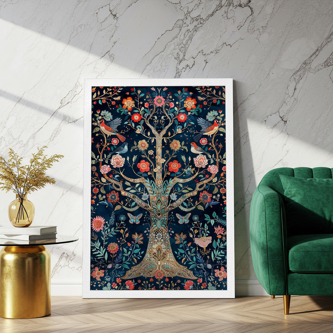 Framed Poster featuring a vibrant tree of life design. Rich blues, reds, and greens create a stylish, eye-catching art piece.
