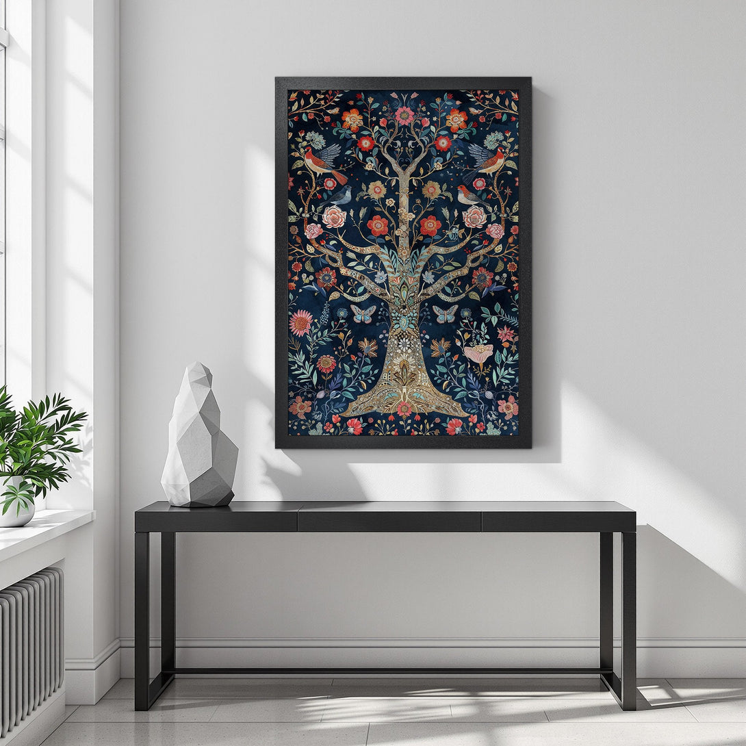 Framed Poster featuring a vibrant tree of life design. Rich blue background with floral and bird details. Perfect art for any room.