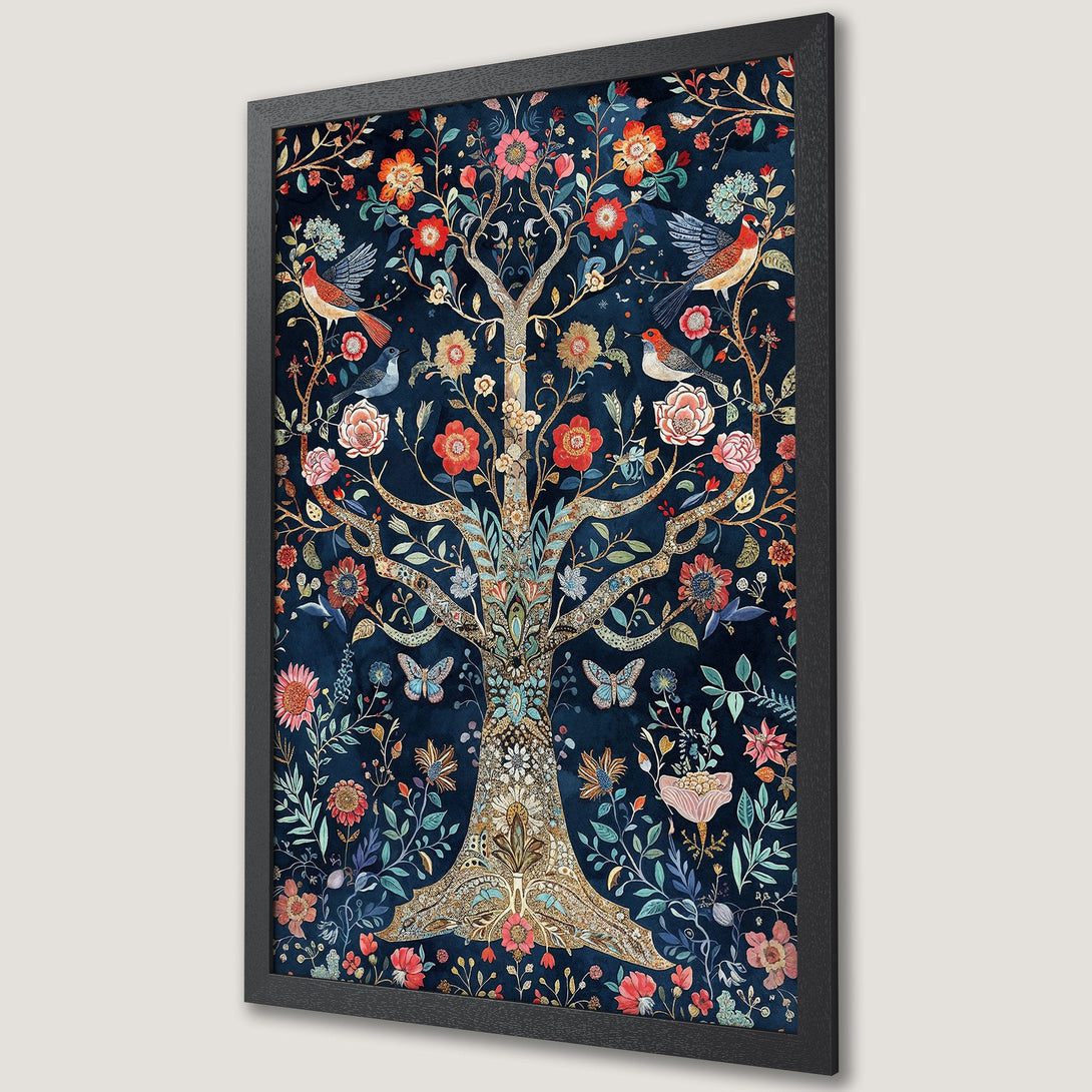 Framed Poster of a vibrant tree with birds and flowers, featuring a rich navy and warm color palette. Perfect wall art!