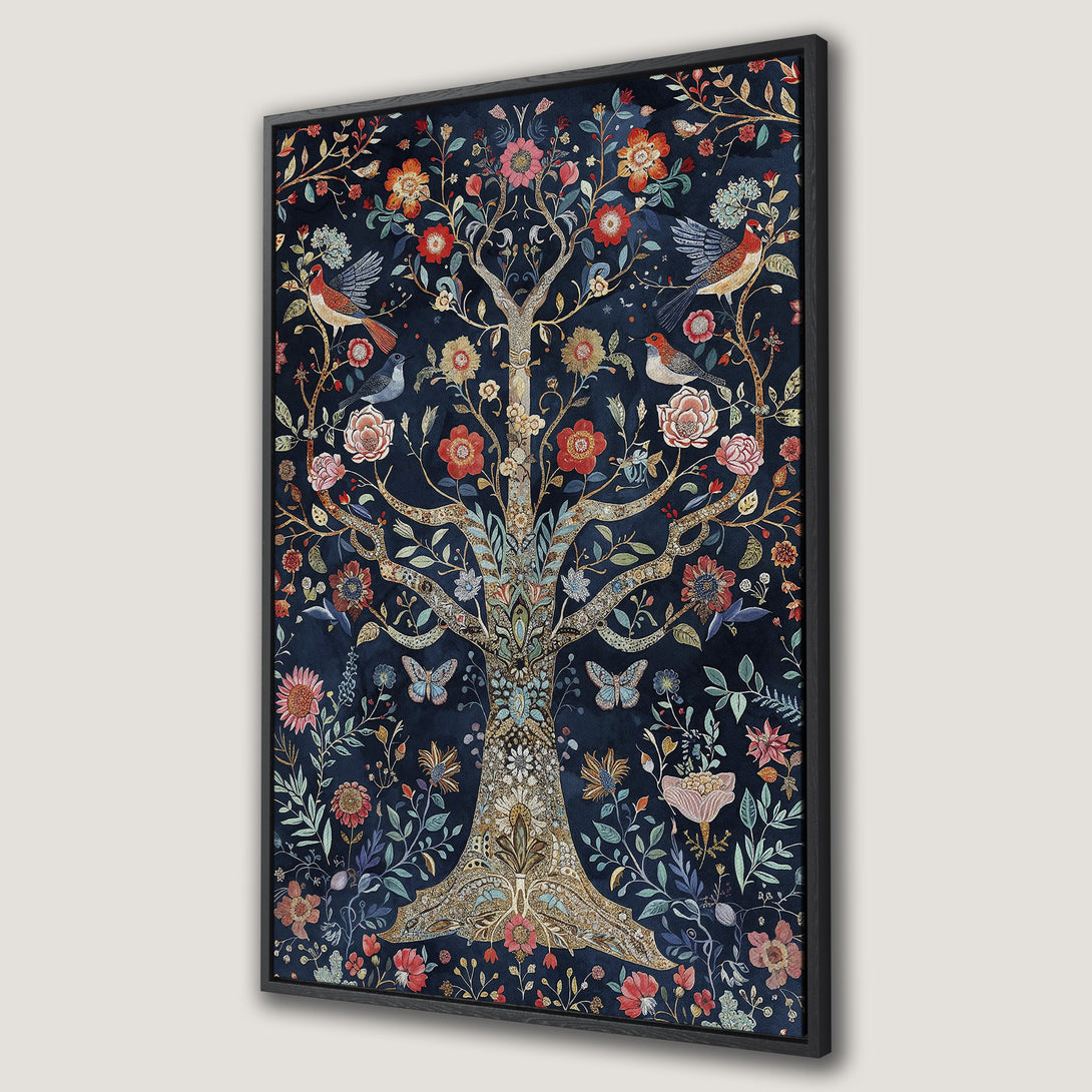 Framed Wall Art featuring a vibrant tree of life design with birds and flowers in a rich blue, red, and gold color palette. Perfect for adding elegance.