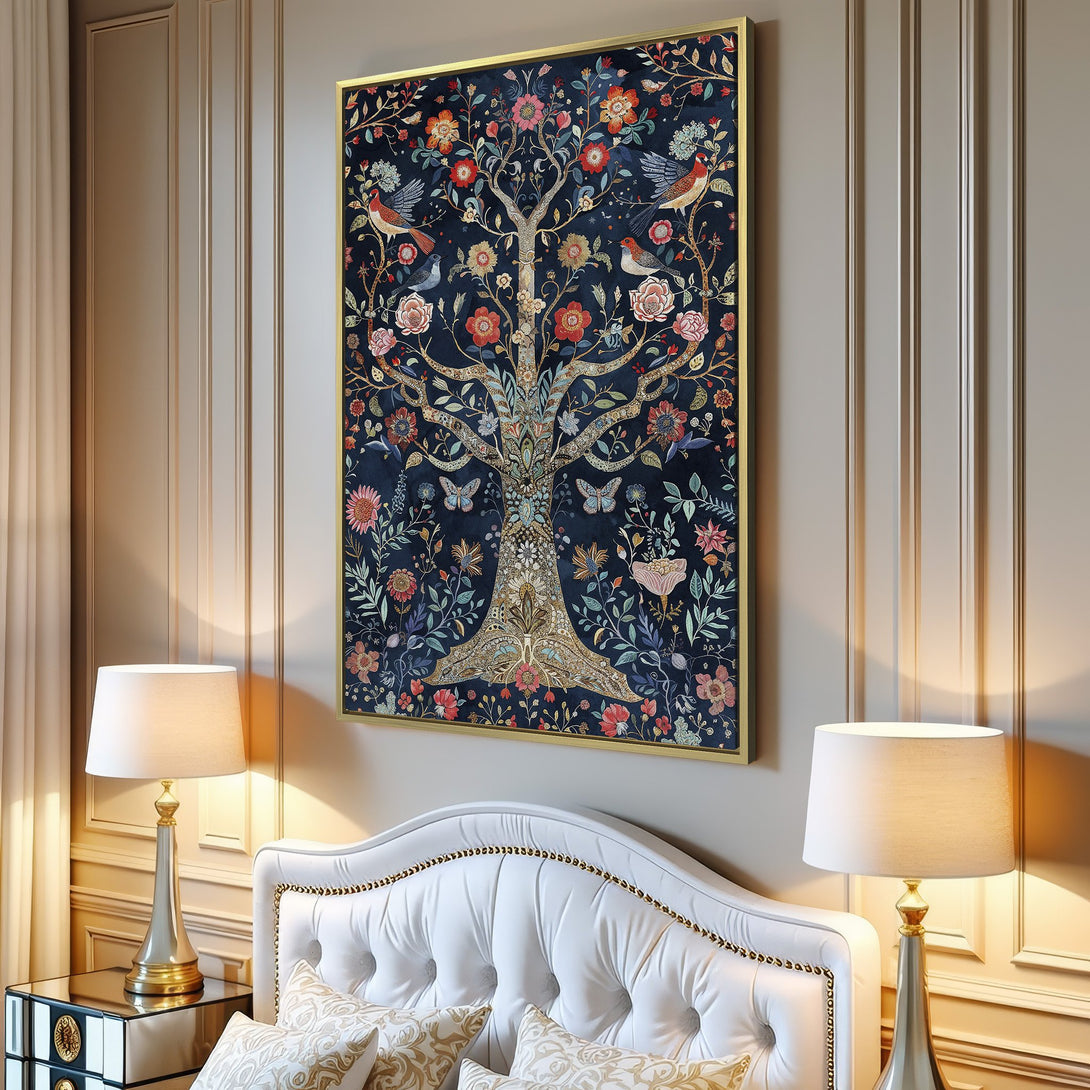 Canvas Print: Floral tree art in a vintage style with a dark blue background, featuring birds and a warm color palette. Perfect for living room decor.