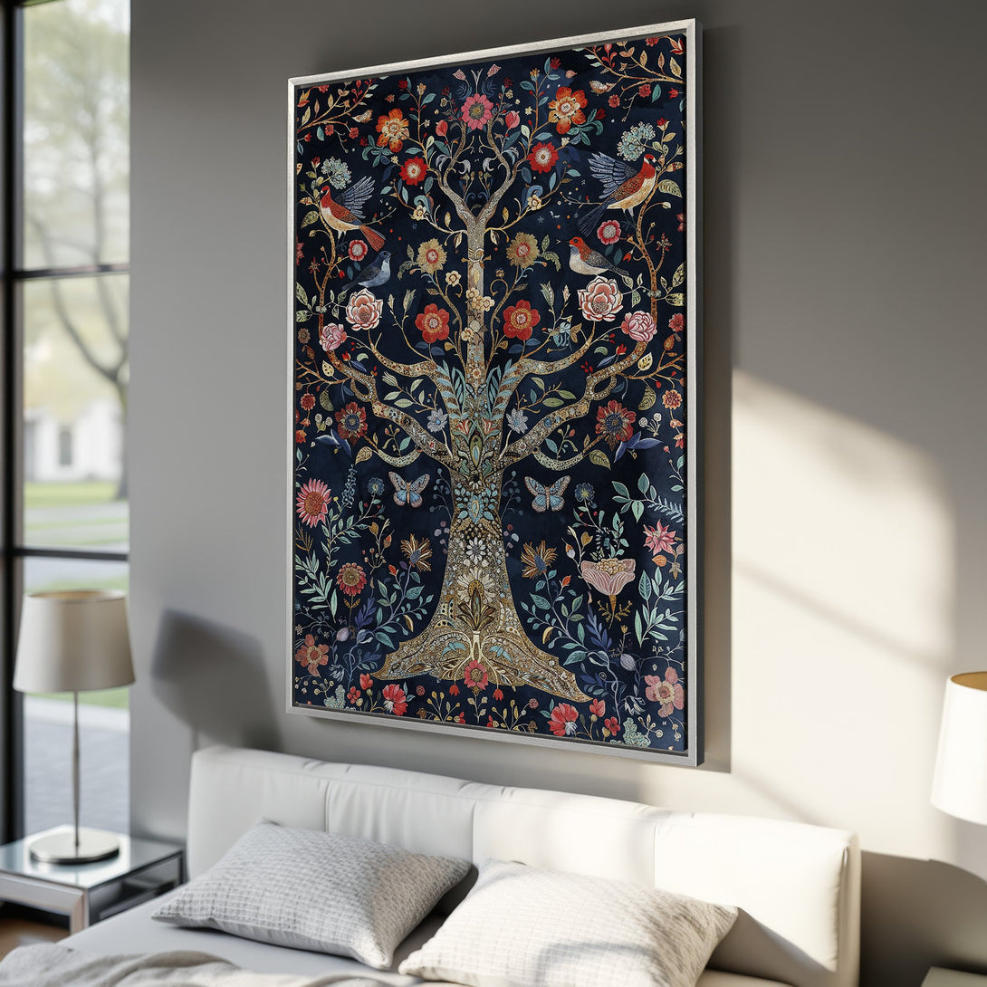 Framed Wall Art featuring a vibrant tree of life design with birds and flowers on a dark blue background. Adds a pop of color to any space.