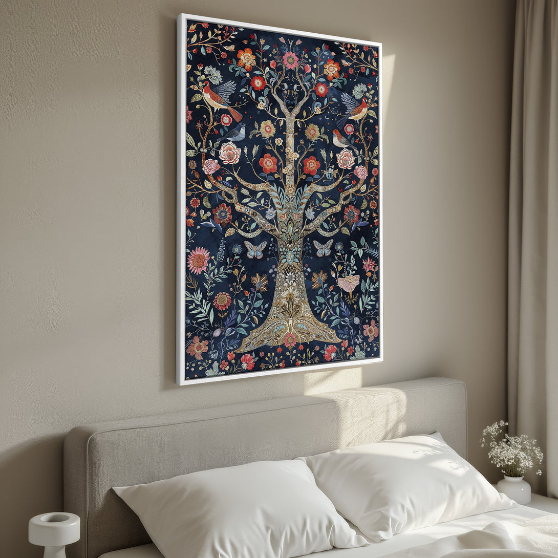 Framed Wall Art: Decorative floral tree design with birds, in a dark blue, red, and gold color palette. Perfect for bedroom decor.