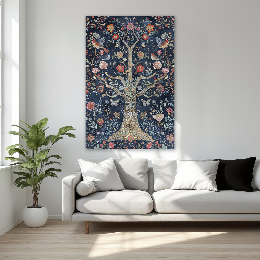 Framed Wall Art: Elegant tree of life print with birds and flowers in a rich, dark blue and gold palette. Perfect for adding sophisticated style to your bedroom.