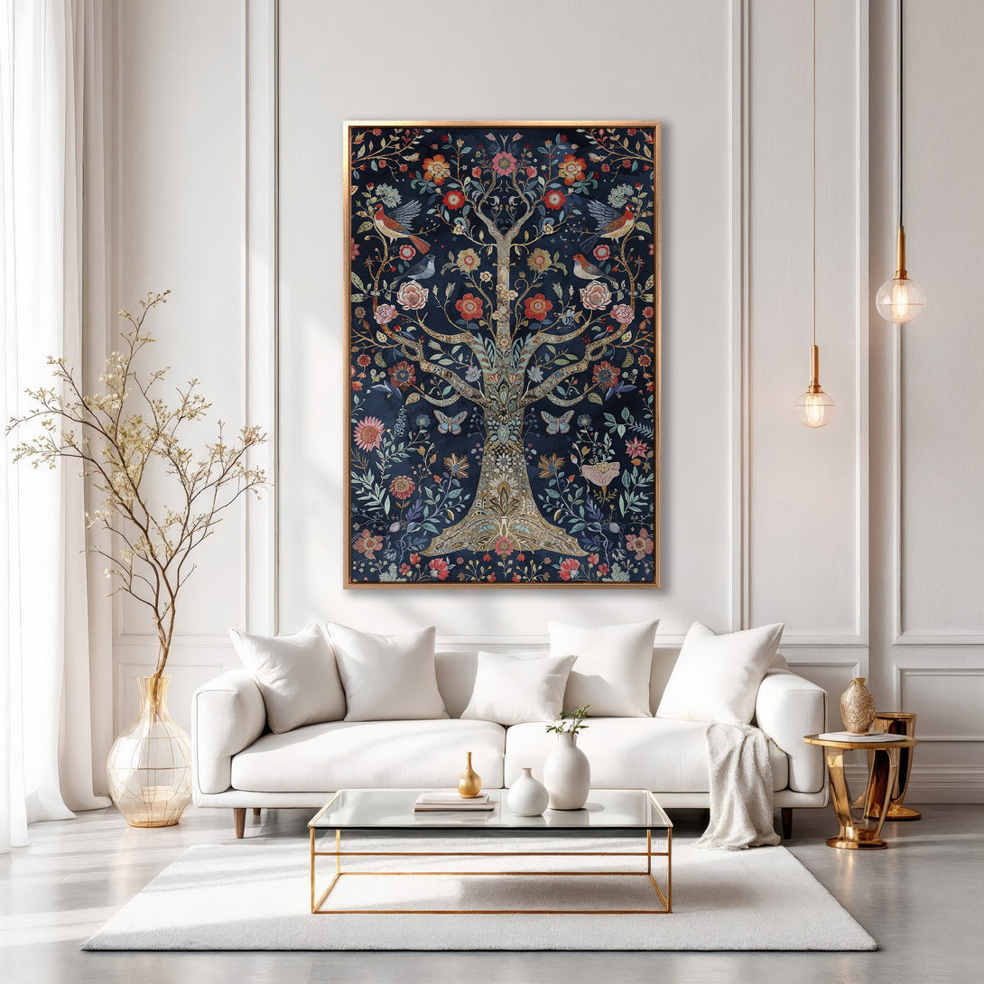 Framed Wall Art featuring a vibrant tree design with birds, in a dark blue, red, and gold color palette, displayed in a modern living room.