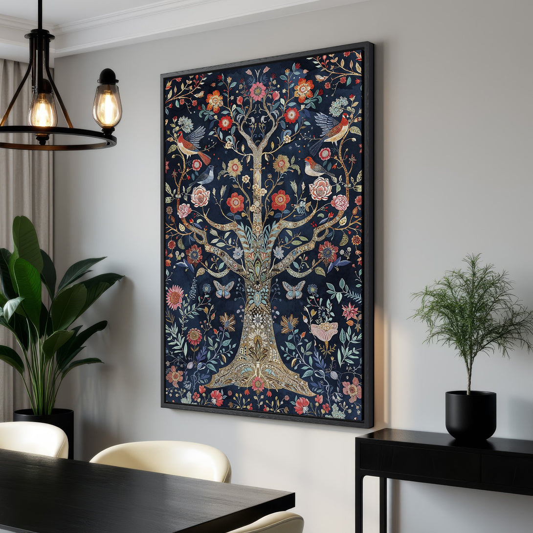 Framed Wall Art featuring a vibrant tree of life design with birds and flowers, in a rich navy and warm color palette. Perfect for adding elegance!