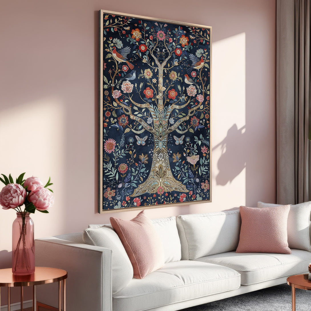 Framed Wall Art: Botanical tree design in navy, red, and gold. Adds elegance to any room. Shop our Canvas Print collection today!