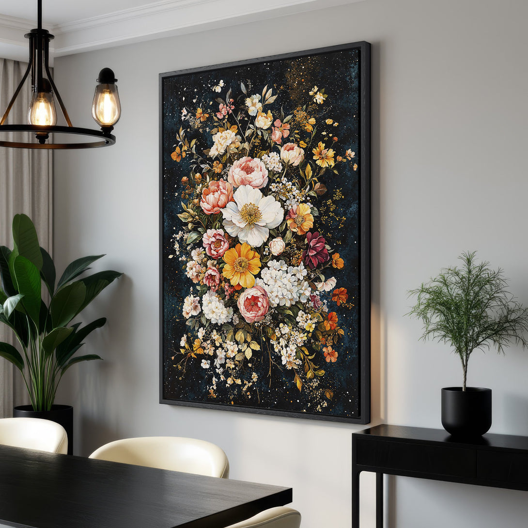 Framed Wall Art: Elegant floral Canvas Print with a dark, moody background. Features a colorful palette of pinks, yellows, and oranges, perfect for adding a touch of sophistication.