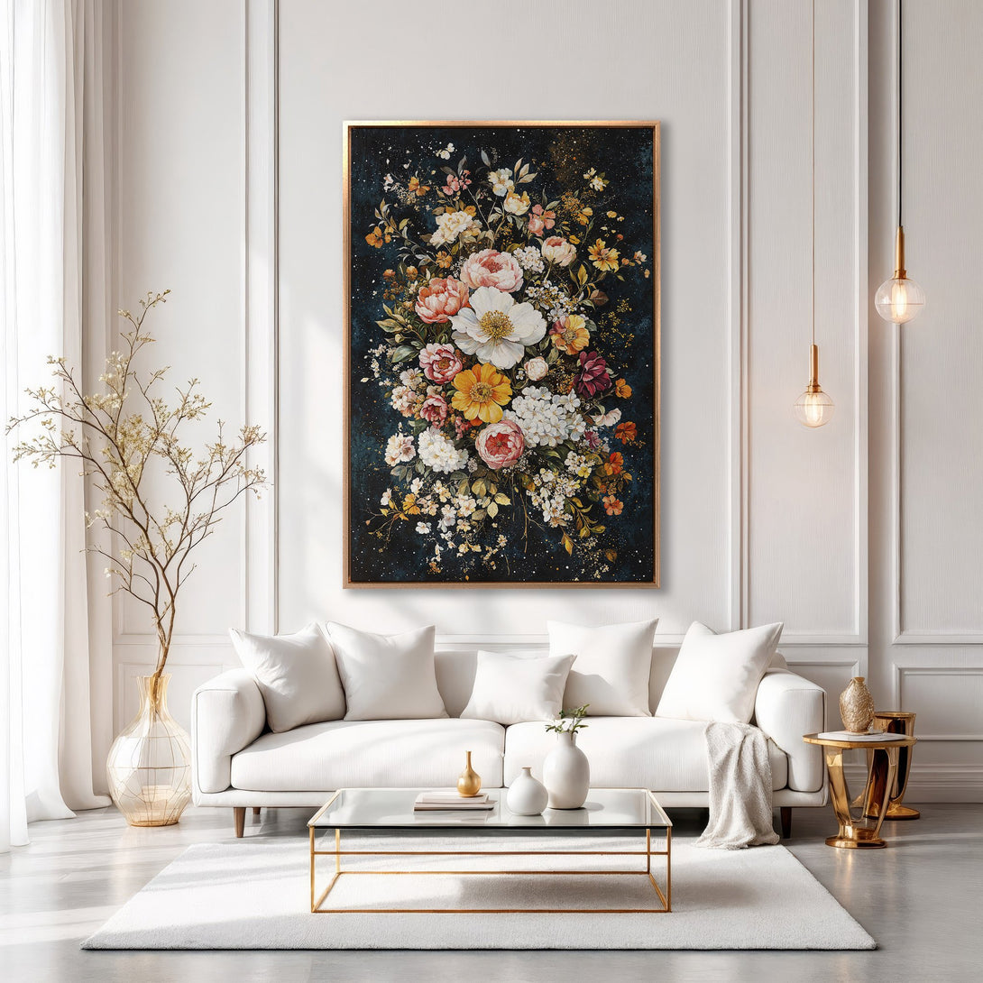 Framed Wall Art: Elegant floral canvas print in a luxurious living room. Features a dark, moody background with vibrant blooms in warm tones. Perfect home decor.