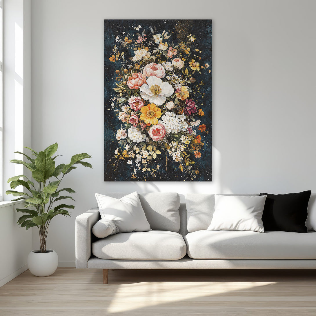 Framed Wall Art: Elegant floral Canvas Print with a dark background and a warm, colorful palette. Perfect for adding a touch of luxury to any space.