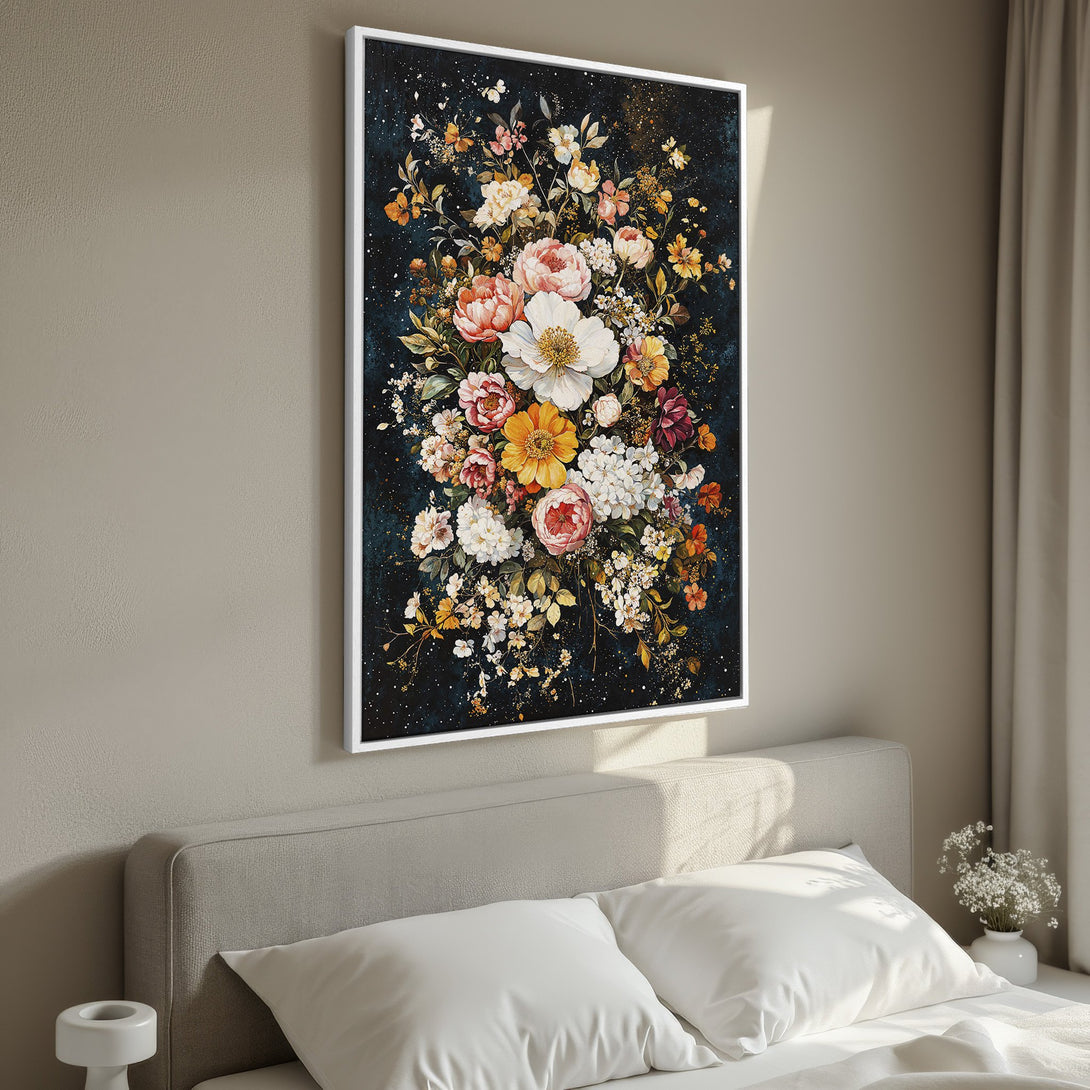 Framed Wall Art featuring a vibrant floral bouquet in a dark, moody style. Rich colors of pink, yellow, and orange pop against a dark teal background.