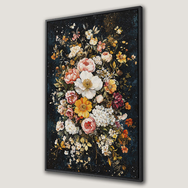 Framed Wall Art featuring a vibrant floral bouquet in a watercolor style, with a dark blue background and a warm, colorful palette.