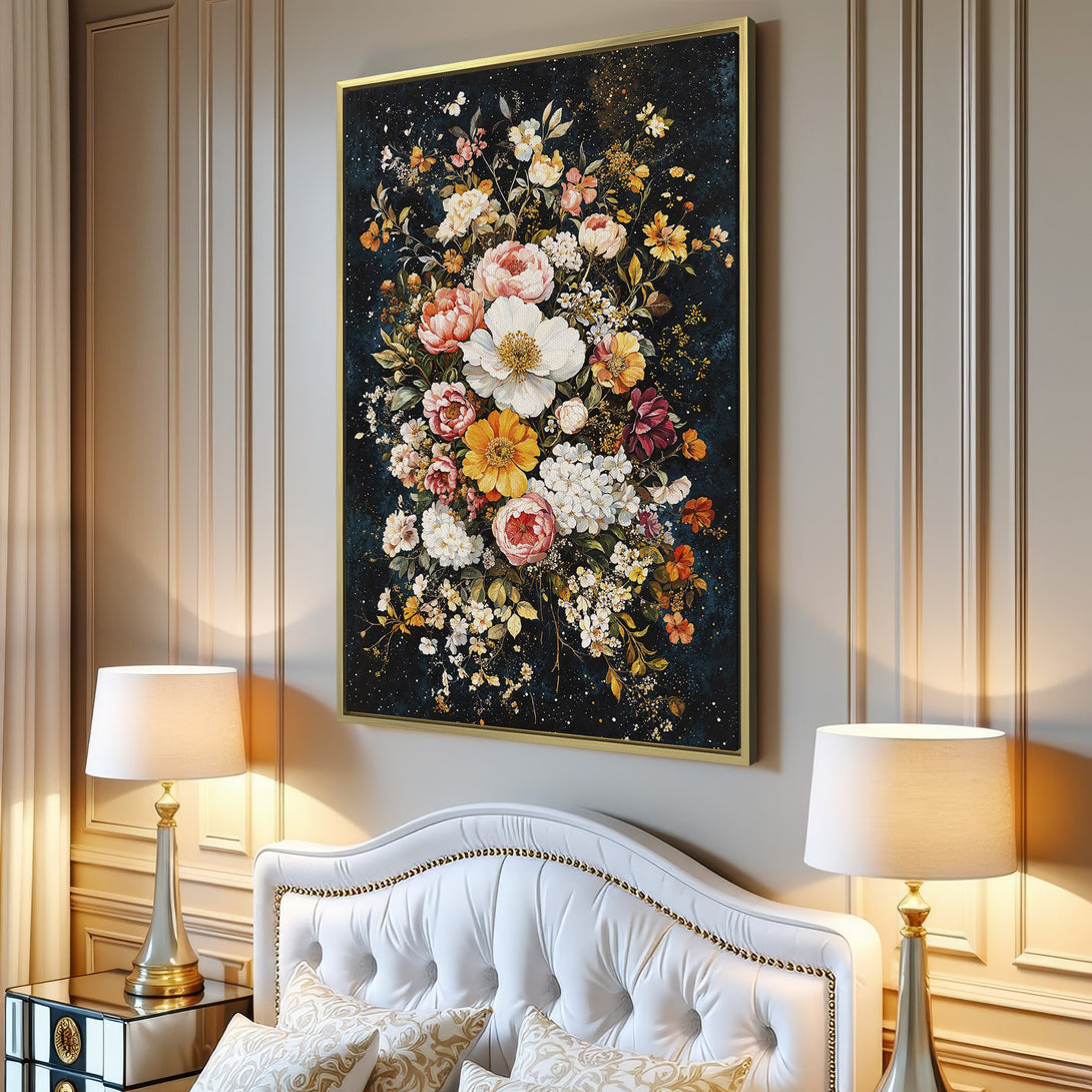Canvas Print featuring a vibrant floral bouquet in a watercolor style. Rich, dark blue background with pops of warm colors like peach, yellow, and white.