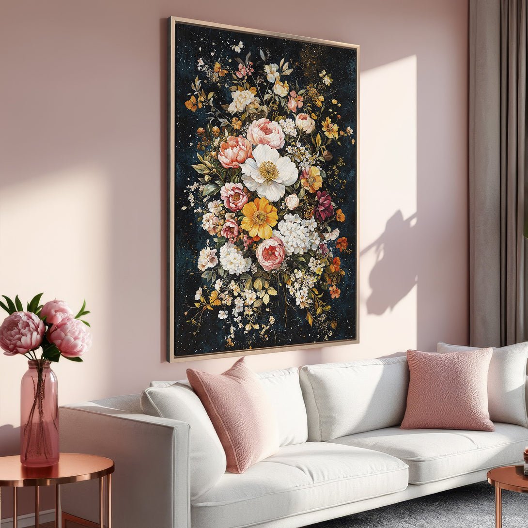 Framed Wall Art: Elegant floral Canvas Print featuring a stunning bouquet with a dark background and a warm, neutral color palette. Perfect for any home!