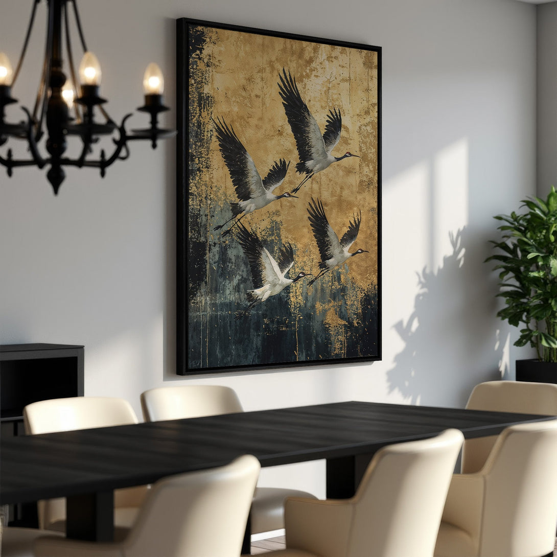 Framed Wall Art featuring cranes in flight, abstract style, gold and black color palette. Elevate your dining room decor with this stunning canvas print.