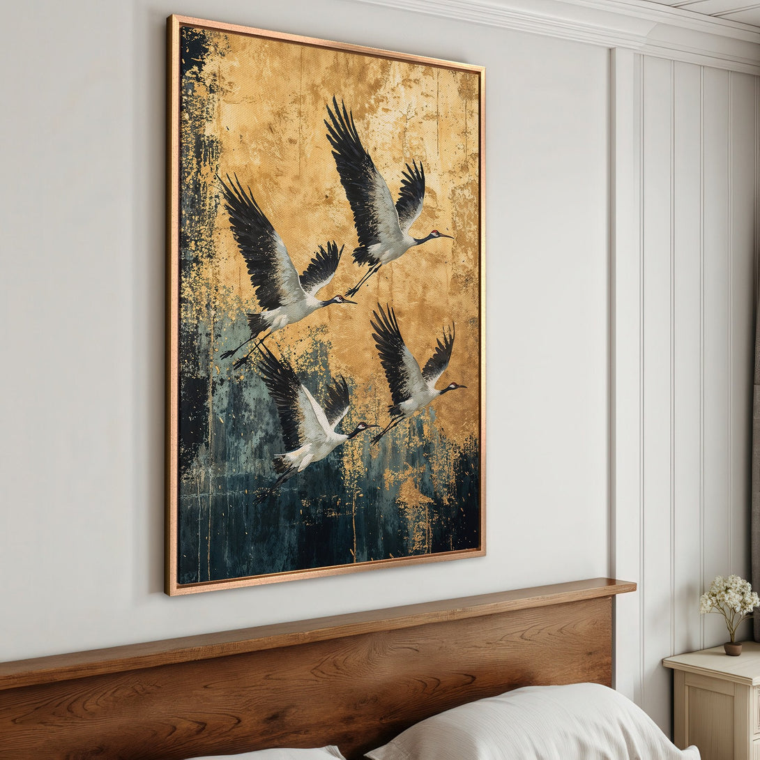 Framed Wall Art: Abstract crane painting in gold, black, and teal. Modern canvas print for bedroom decor. Enhance your space with this elegant artwork.
