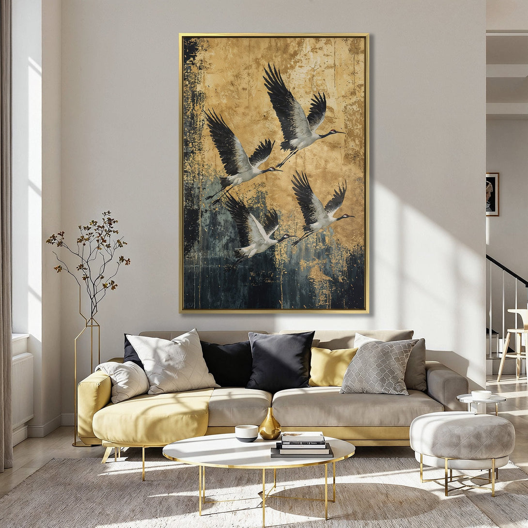 Canvas Print featuring flying cranes in a vintage style, with a gold and teal background. Adds elegance to any room.