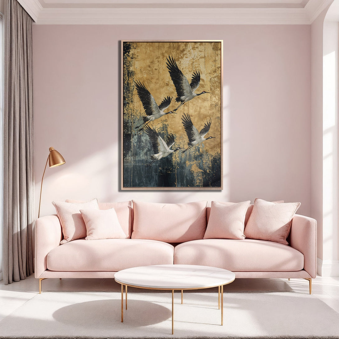 Framed Wall Art featuring flying cranes. Modern abstract style with gold, black, and white palette. Perfect for adding elegance to any room.