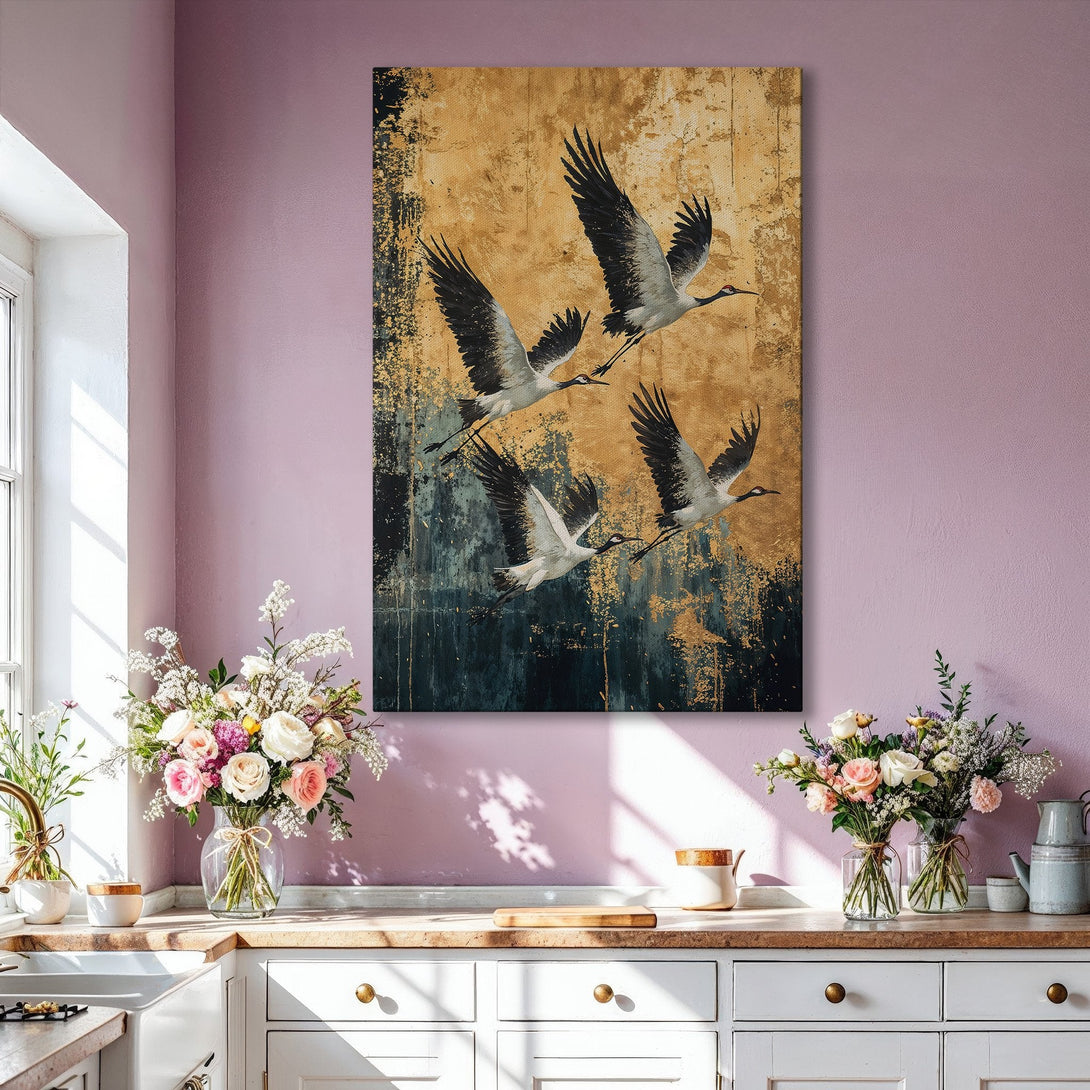 Framed Wall Art featuring elegant cranes soaring against a gold and teal abstract background. Modern art print adds a touch of luxury to any space.