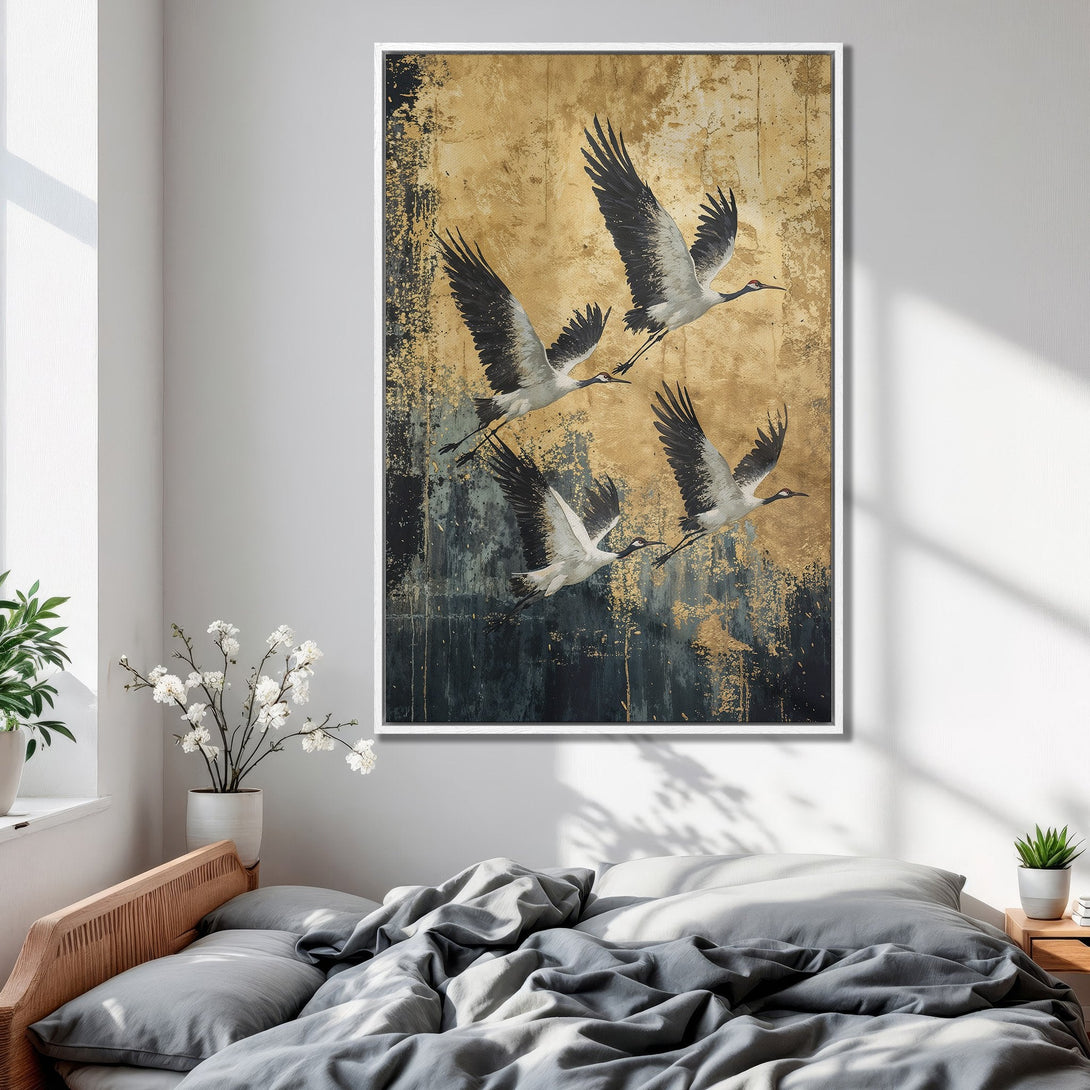 Framed Wall Art featuring elegant cranes in flight. Modern abstract style with gold, black, and white tones. Perfect for bedroom decor.