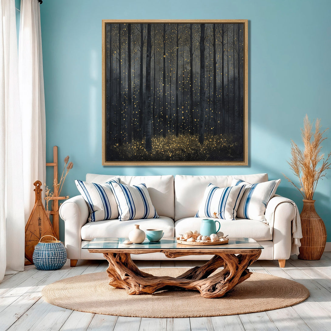 Framed Wall Art: Forest scene Canvas Print in black, gold, and gray tones. Modern art for living room decor. Enhance your home with this stunning piece!