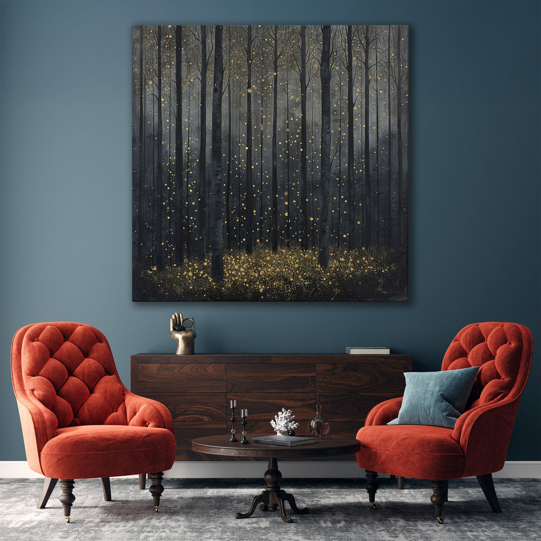 Framed Wall Art: Enchanting forest scene in a gold frame. Dark, moody tones with pops of gold. Perfect for adding a touch of elegance to any space.