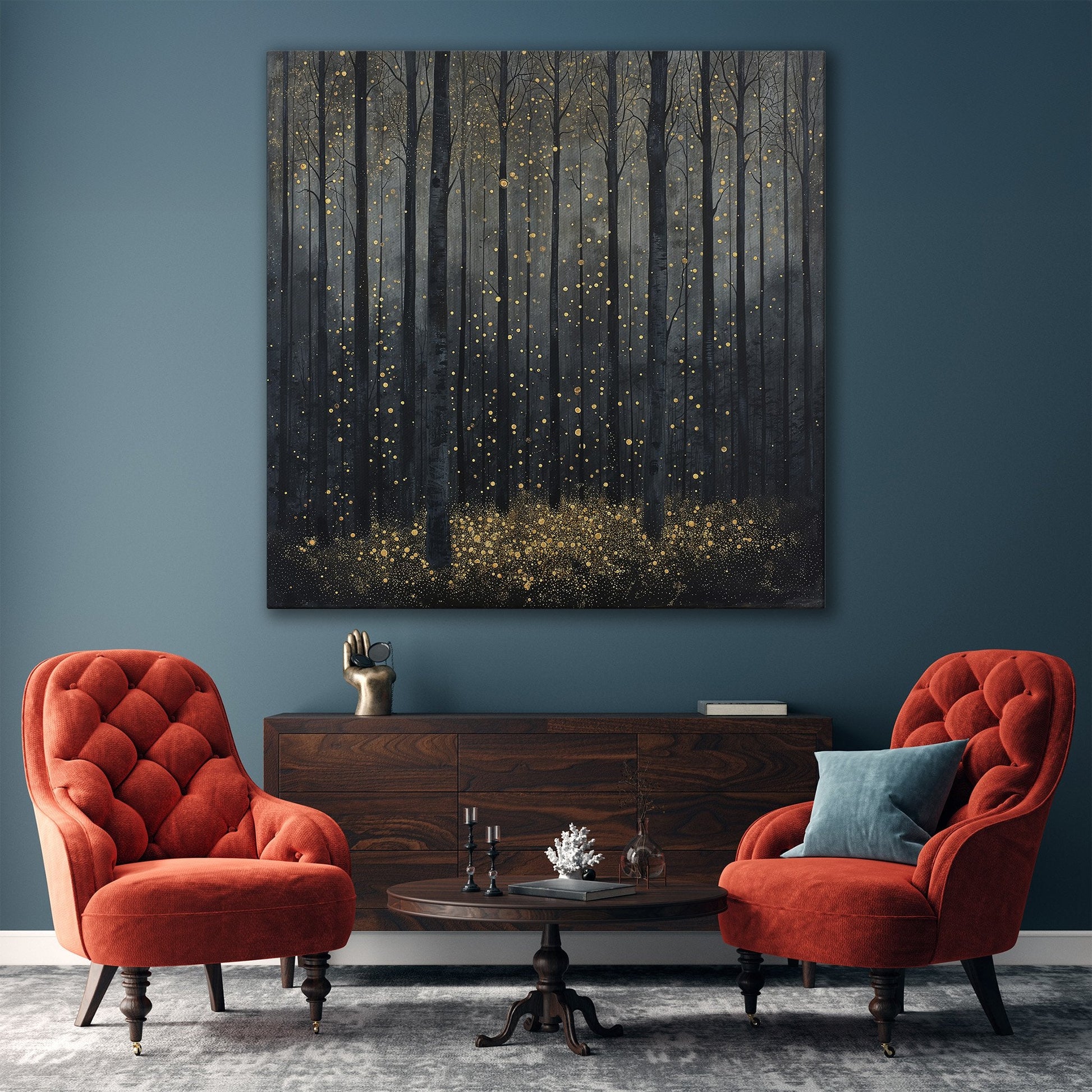 Mystical Forest Abstract Canvas Print with Golden Sparks