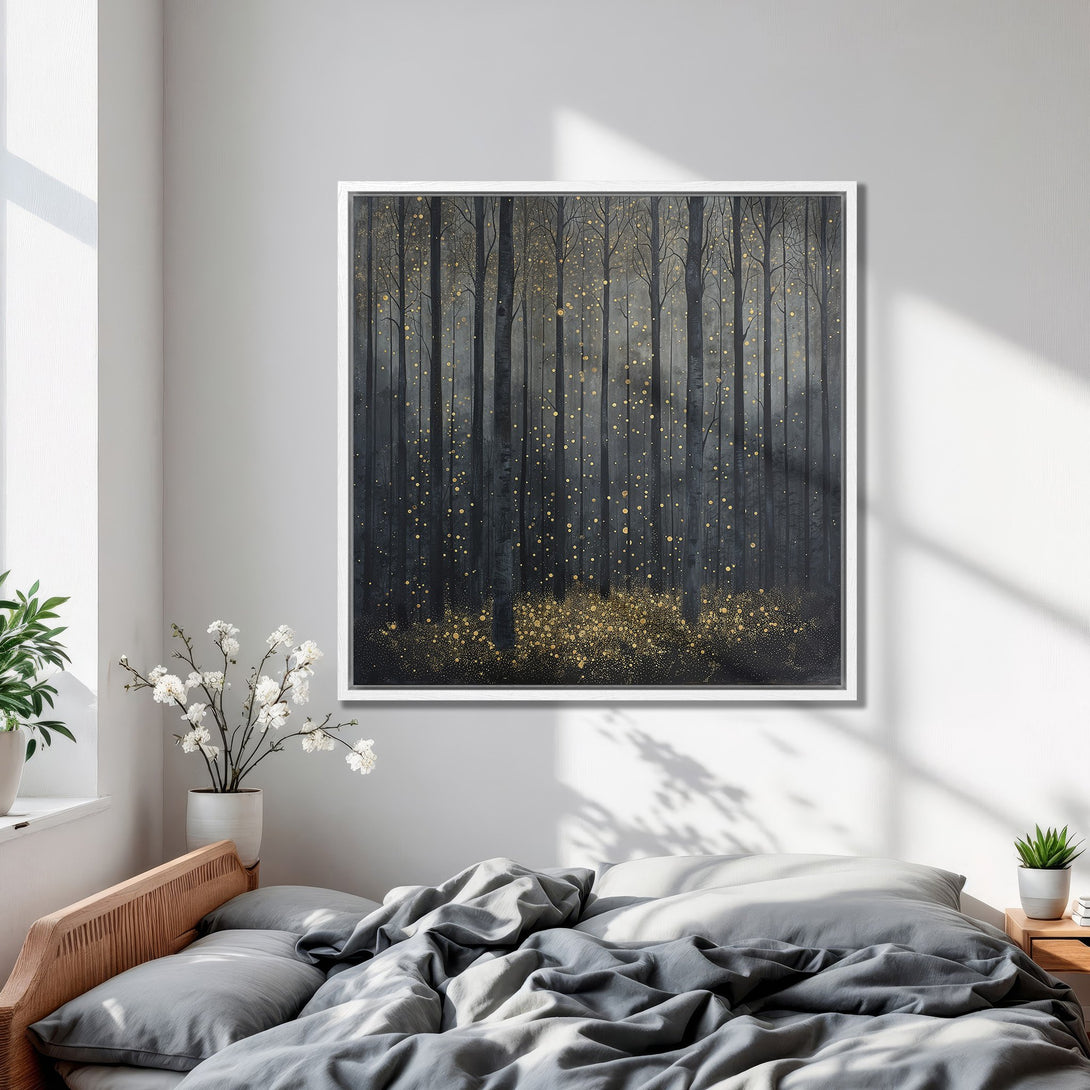 Framed Wall Art: Forest scene Canvas Print in moody black and gold tones. Perfect for bedroom decor, adds a touch of nature and elegance.