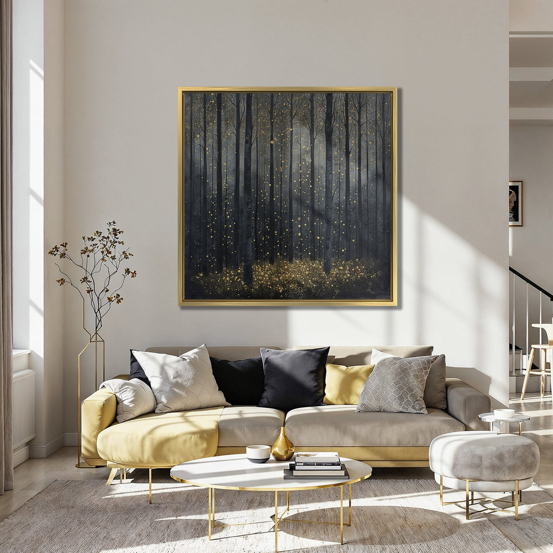 Canvas Print of a mystical forest scene in black and gold, adding a touch of elegance to any interior.