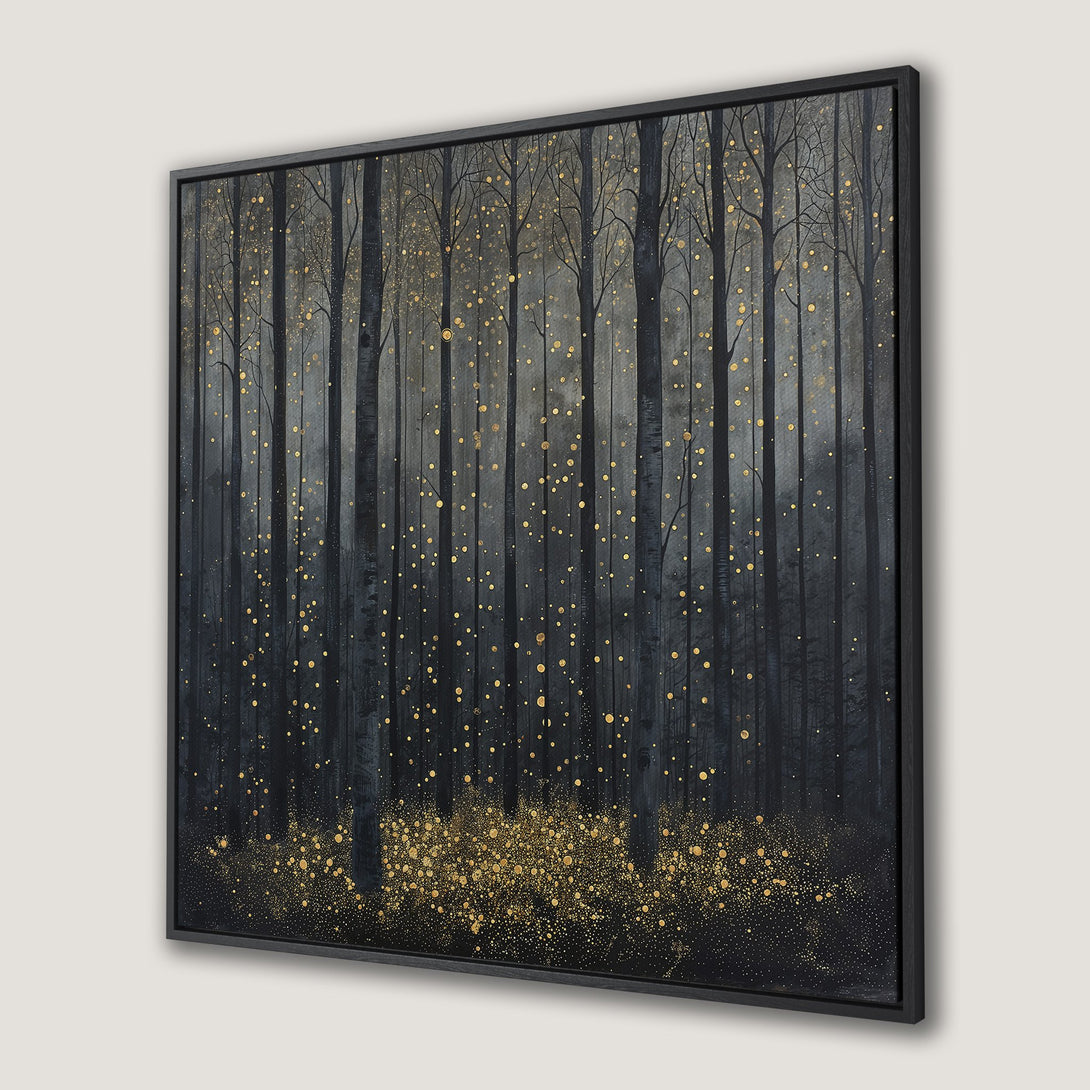 Framed Wall Art featuring a mystical forest scene with gold accents on a dark, moody color palette. Perfect for adding a touch of elegance to any space.