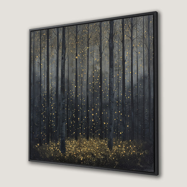 Framed Wall Art featuring a mystical forest scene with gold accents on a dark, moody color palette. Perfect for adding a touch of elegance to any space.