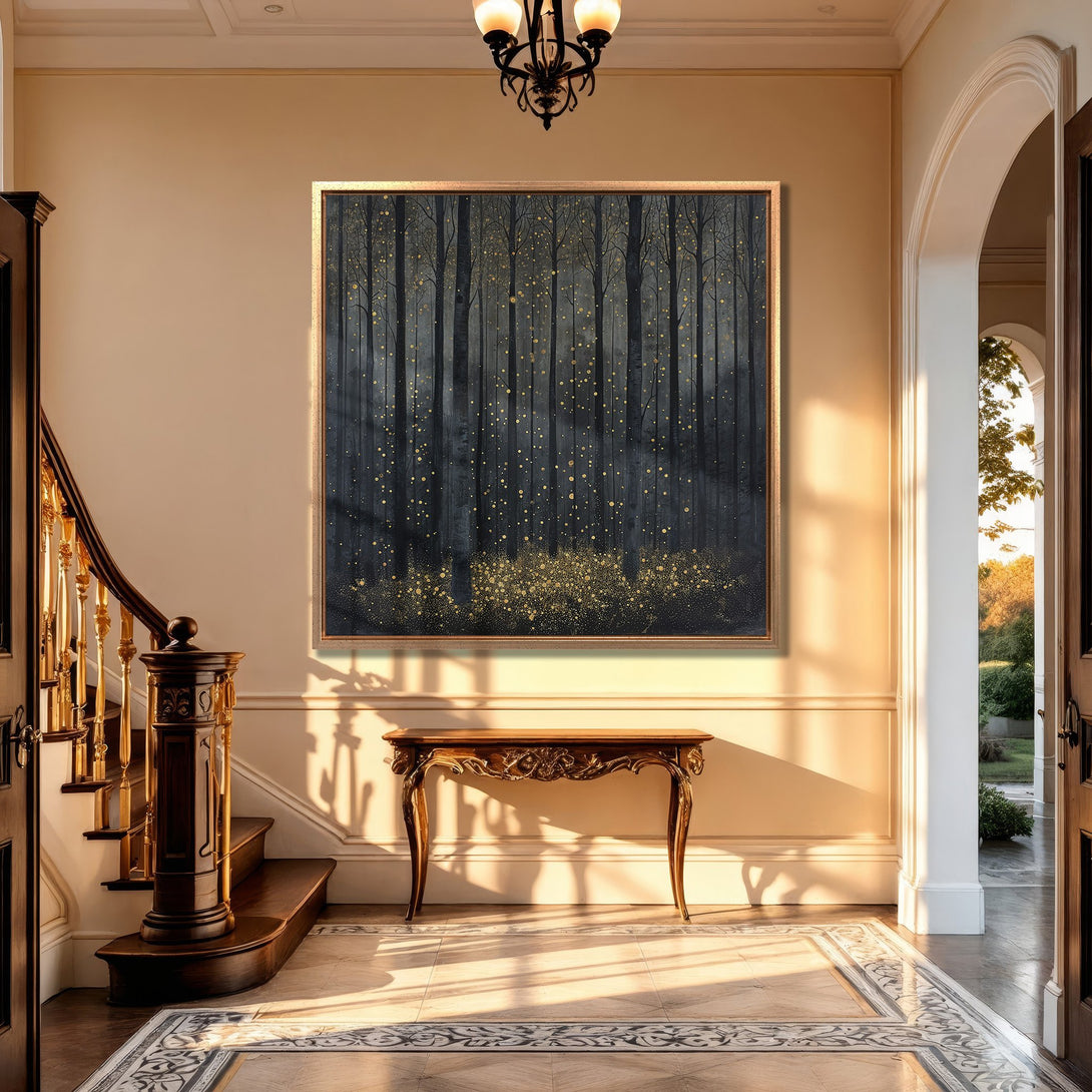 Framed Wall Art: Dark forest scene with gold accents. Modern canvas print with a dramatic, moody aesthetic, perfect for adding elegance to your home.
