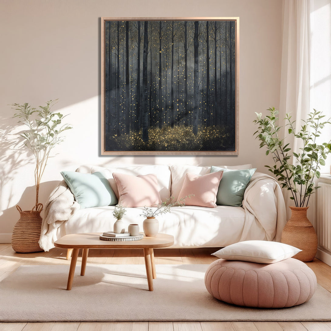 Framed Wall Art featuring a dark forest with golden accents, displayed in a cozy living room. Neutral color palette with pops of pink and green.
