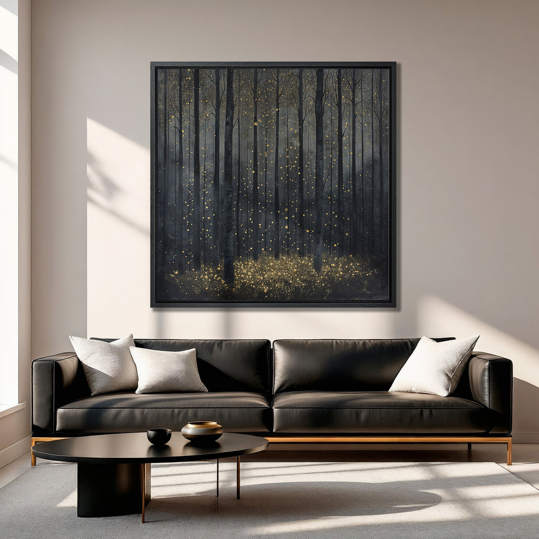 Framed Wall Art: Abstract forest scene in black & gold, perfect for modern decor. Canvas print features a moody, minimalist style with a dark, elegant palette.