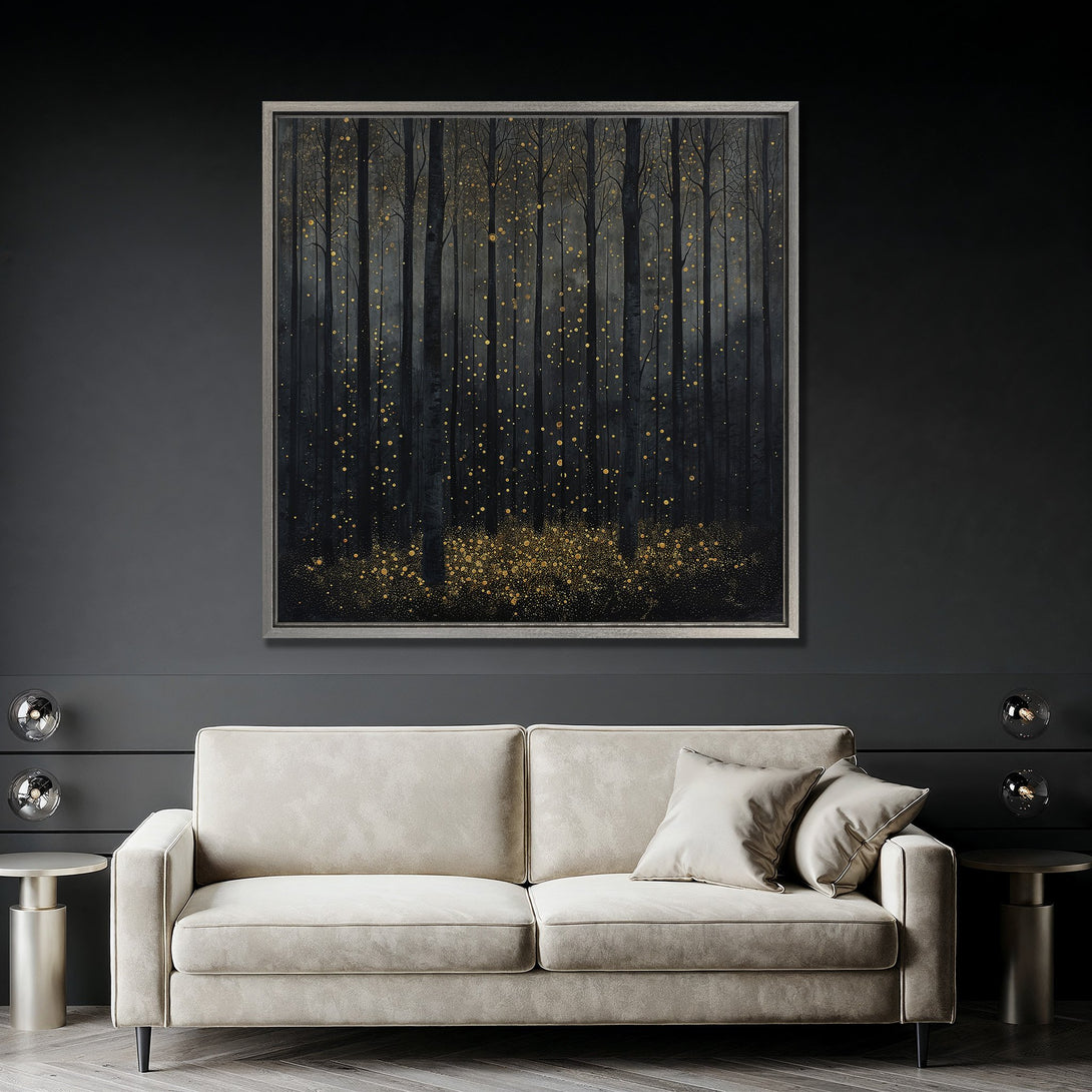 Framed Wall Art: Abstract forest scene in moody black and gold tones. Modern art canvas print for a stylish living room.