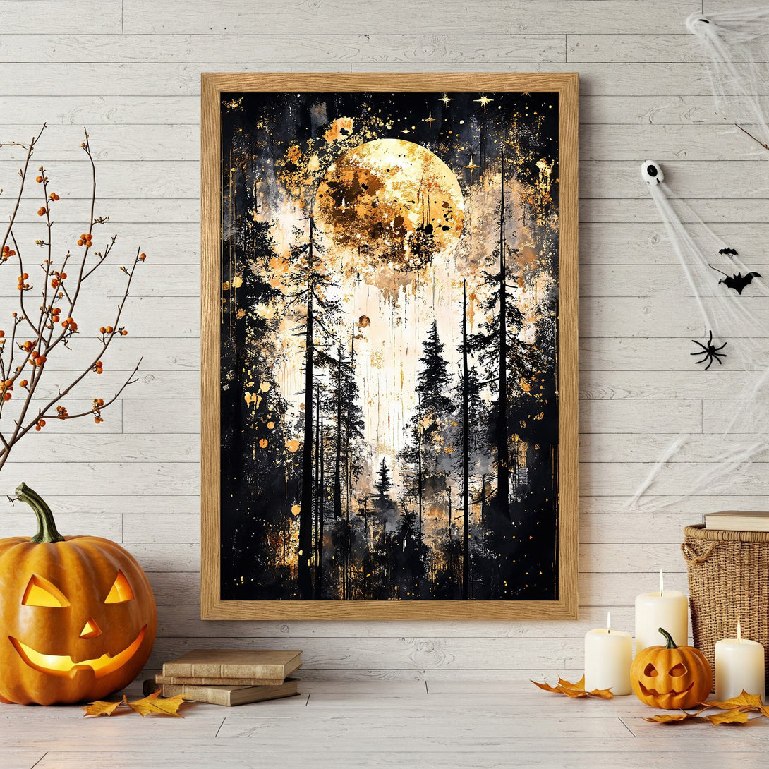 Framed Poster featuring a mystical forest scene with a golden moon. A dark, artistic style with a black and gold color palette. Perfect Halloween decor!