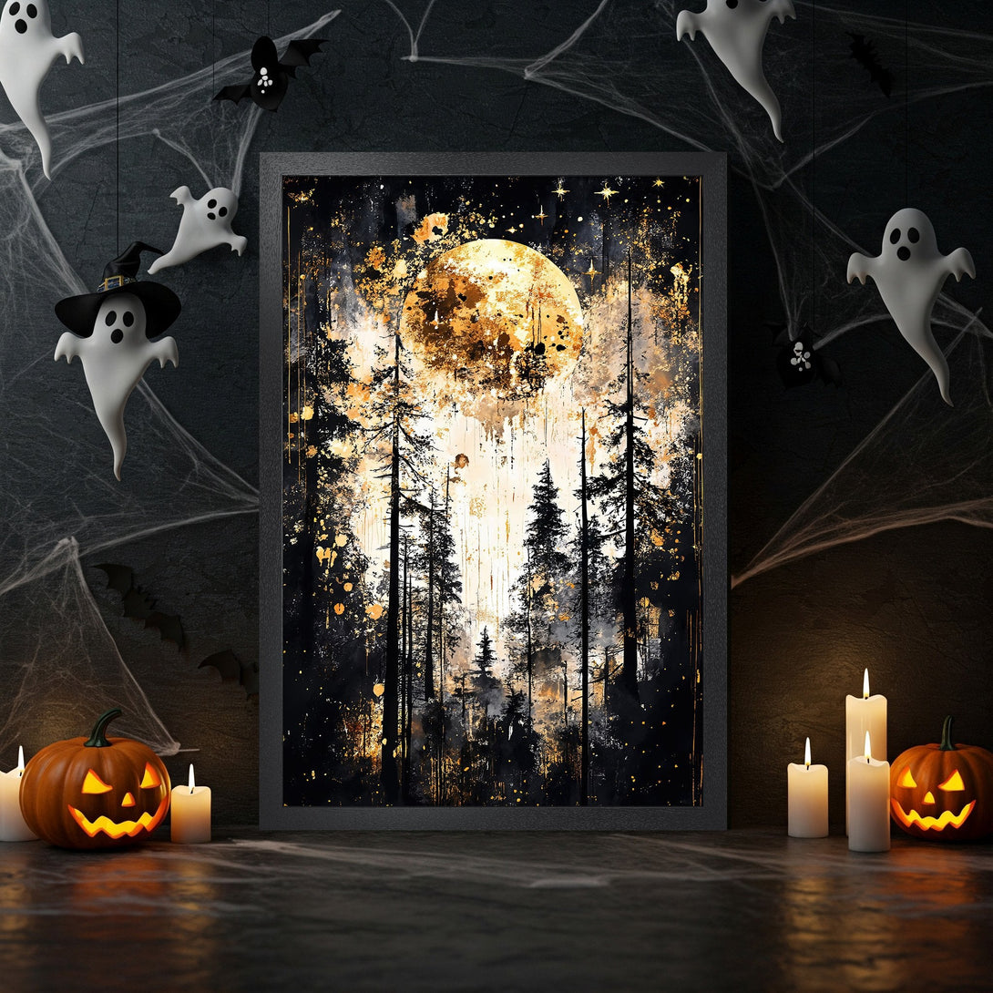 Framed Poster featuring a spooky forest scene with a golden moon, in a dark, artistic style with a black and gold color palette. Perfect Halloween decor!