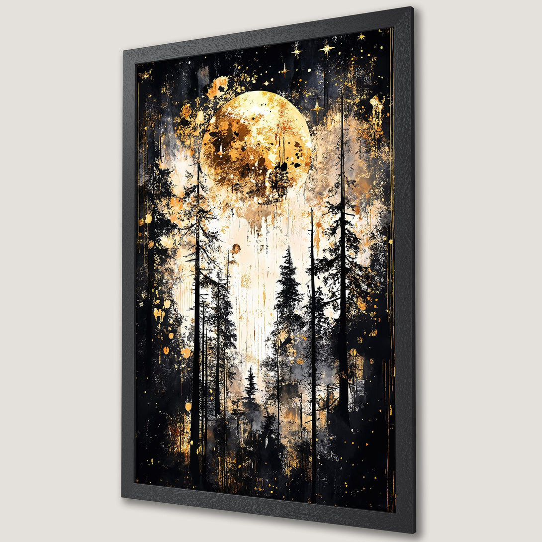 Framed Poster: Abstract forest art with moon, gold & black palette. Stunning wall decor for your home. Shop now!